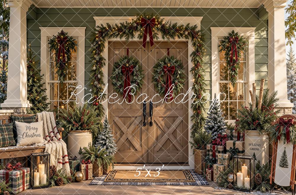 Kate Christmas Rustic Wood Front Door Garland Wreaths Blanket Printed Backdrop Designed by Shutter Swan Studios