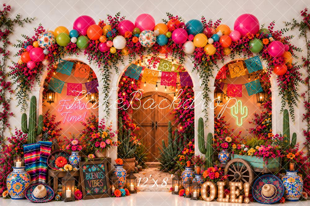Kate Birthday Mexican Fiesta Flower Arch Cactus Balloons Papel Picado Printed Backdrop Designed by Ashley Paul