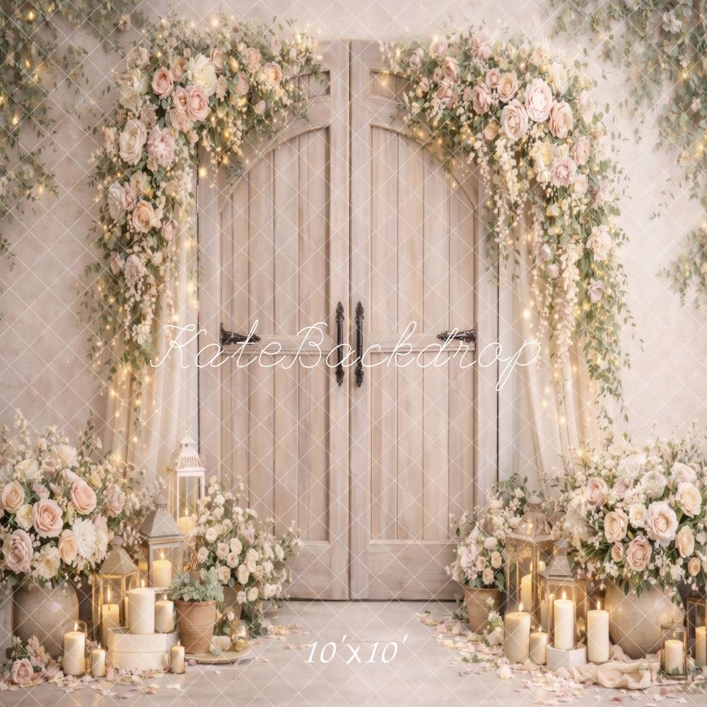 Kate Spring Flower Arch Cream Wood Doors Candles Printed Backdrop Designed by Vertigo Productions
