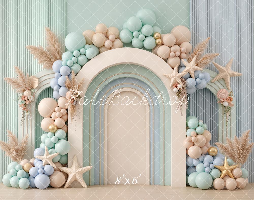 Kate Summer Cake Smash Arch Balloons Starfish Pampas Grass Pastel Printed Backdrop Designed by Emetselch