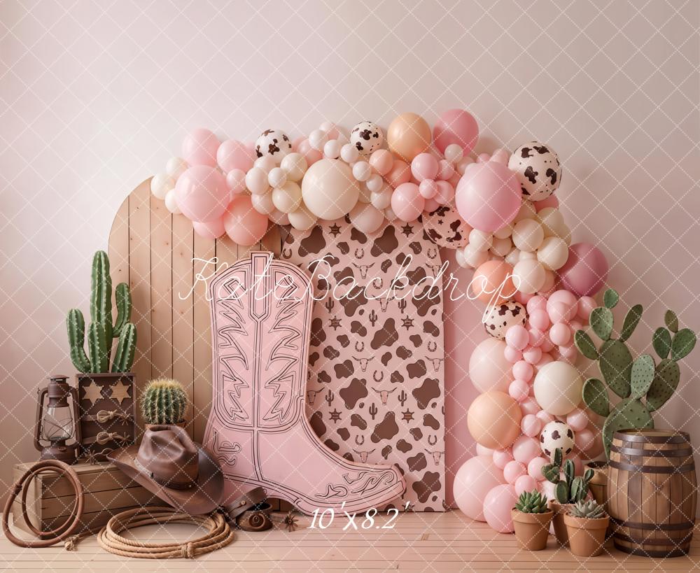 Kate Cake Smash Cowgirl Boot Cow Cactus Pink Printed Backdrop Designed by Chain Photography