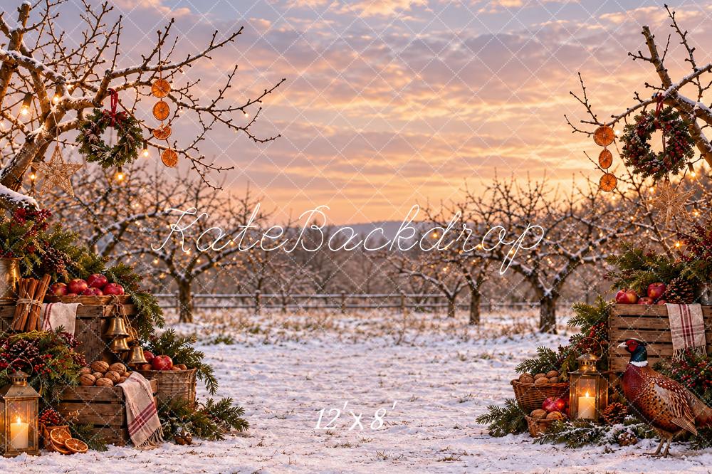 Kate Christmas Snowy Apples Orchard Wreaths Printed Backdrop Designed by Vertigo Productions