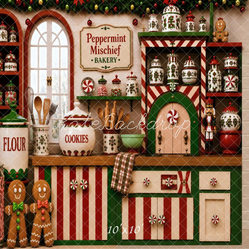 Kate Christmas Peppermint Gingerbread Kitchen Cabinet Green Red Striped Printed Backdrop Designed by Vertigo Productions