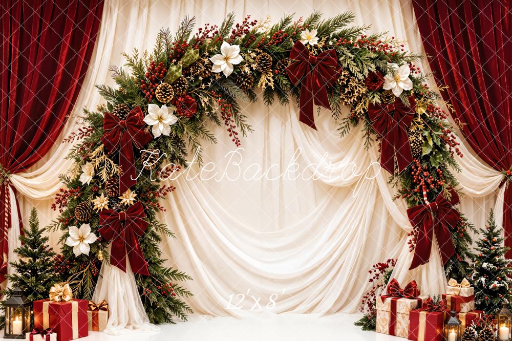 Kate Christmas Floral Garland Arch Red White Drapes Gifts Printed Backdrop Designed by Emetselch