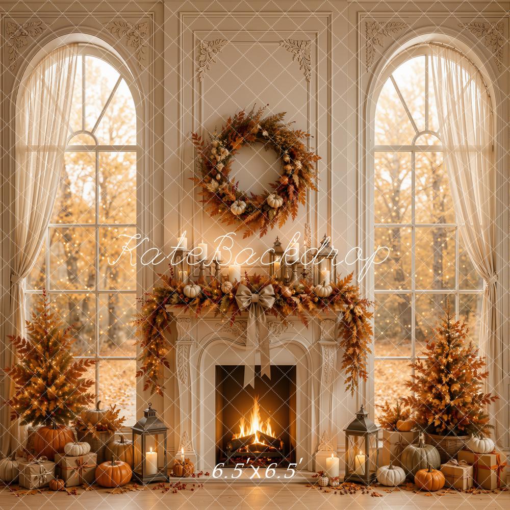 Kate Fall Fireplace Window Pumpkin Wreath Cozy Printed Backdrop Designed by Emetselch