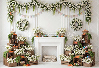 Kate Easter Bunny White Floral Fireplace Crates Printed Backdrop Designed by Mini MakeBelieve