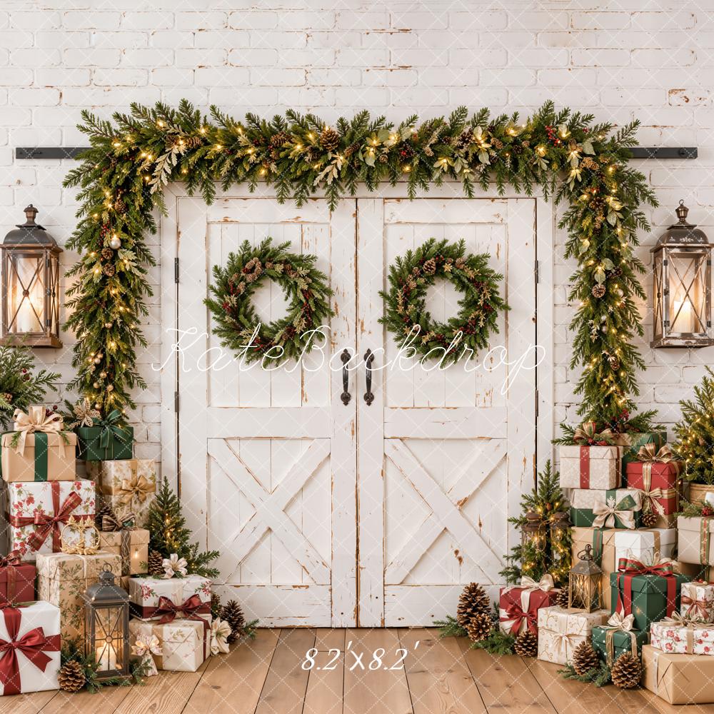 Kate Christmas White Rustic Barn Door Garland Gift Boxes Printed Backdrop Designed by Emetselch