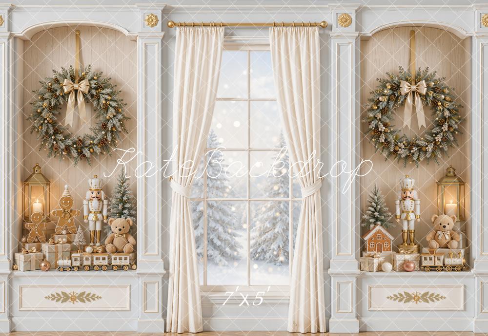 Kate Christmas White Curtains Window Wreath Nutcracker Gingerbread Printed Backdrop Designed by Emetselch