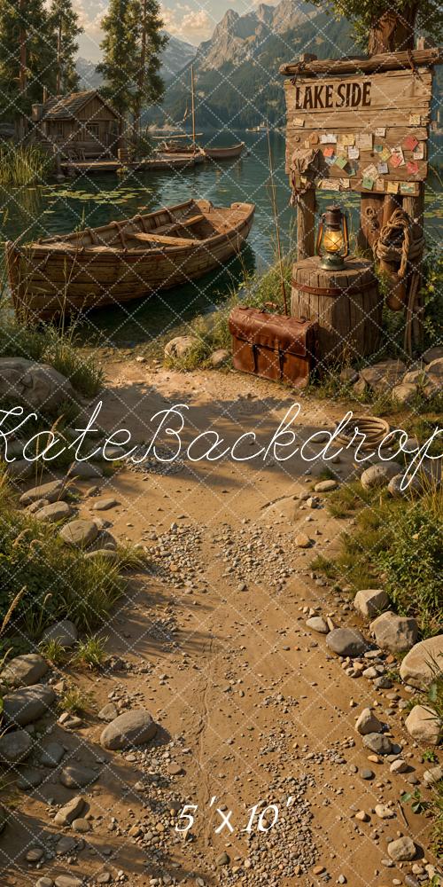 Kate Sweep Lakeside Boat Cabin Dock Mountain Path Printed Backdrop Designed by Emetselch