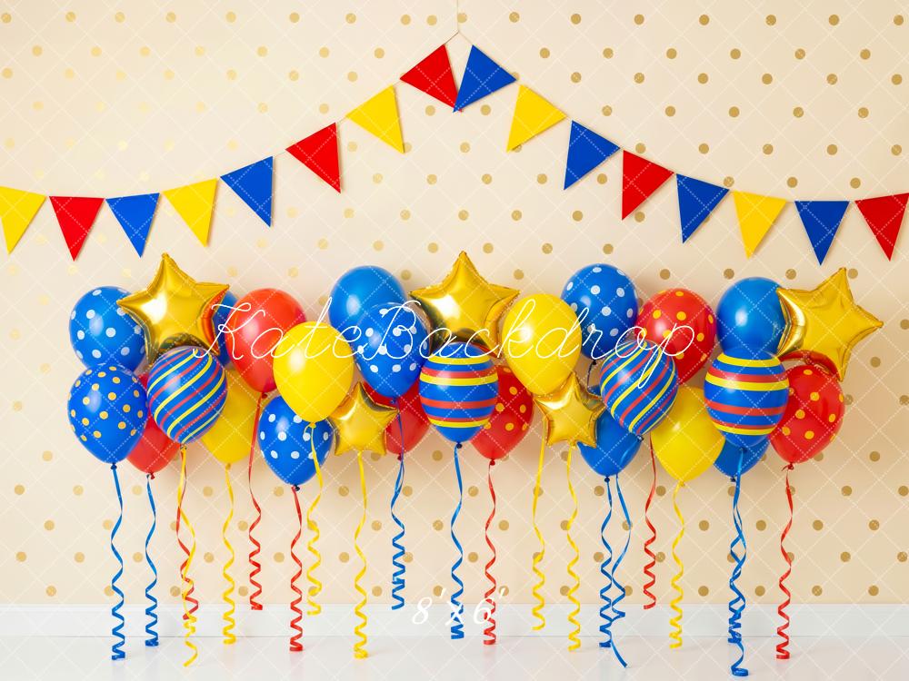 Kate Birthday Colorful Balloons Gold Stars Polka Dot Wall Pennant Garland Printed Backdrop Designed by Patty Roberts