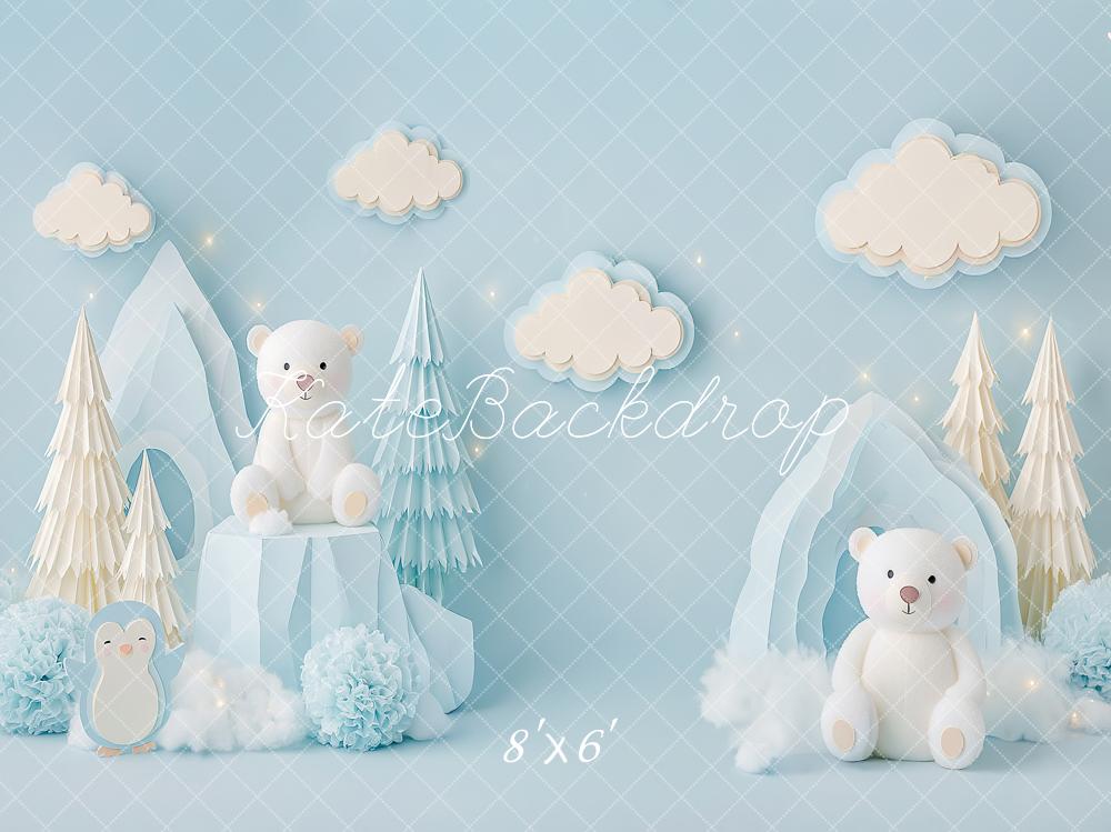 Kate Cake Smash Winter Blue Penguin Paper Bear Ice Cave Printed Backdrop Designed by Angela Miller