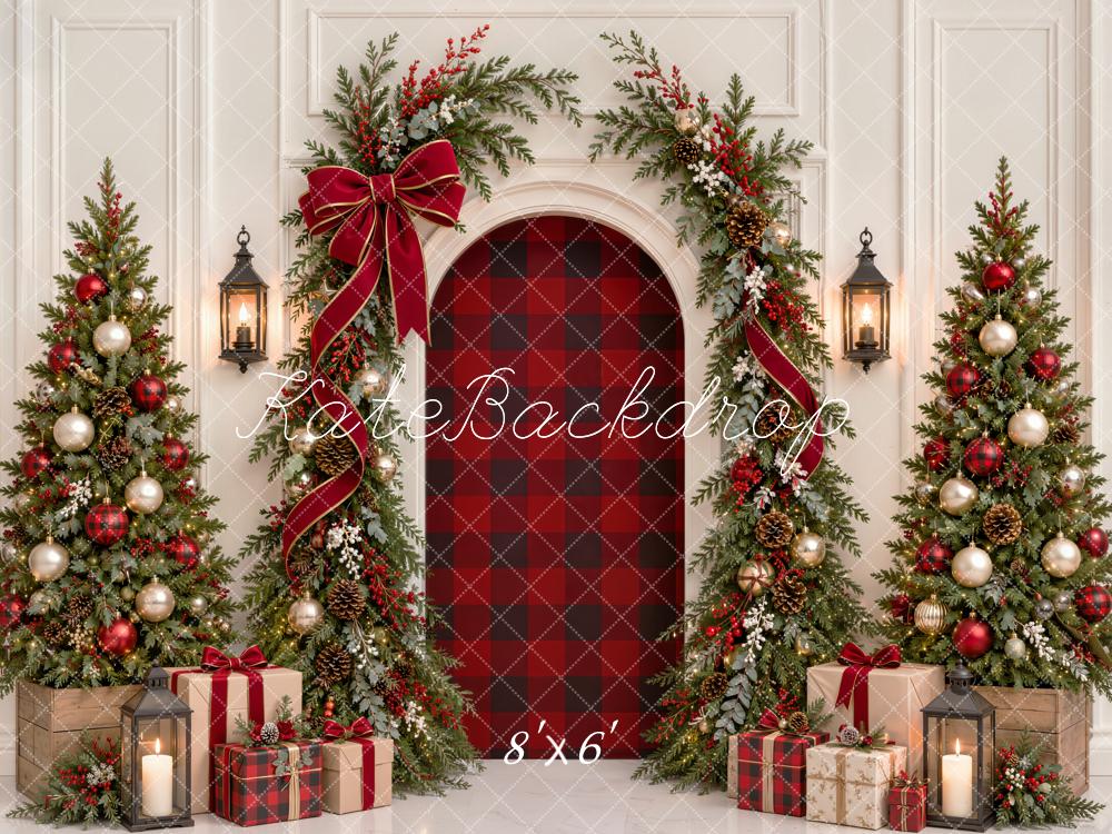 Kate Christmas Trees Arch Plaid Red Ribbon Garland Gifts Printed Backdrop Designed by Emetselch