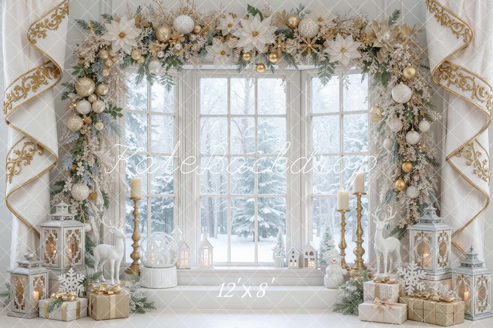 Kate Christmas White Gold Floral Window Arch Printed Backdrop Designed by Mini MakeBelieve