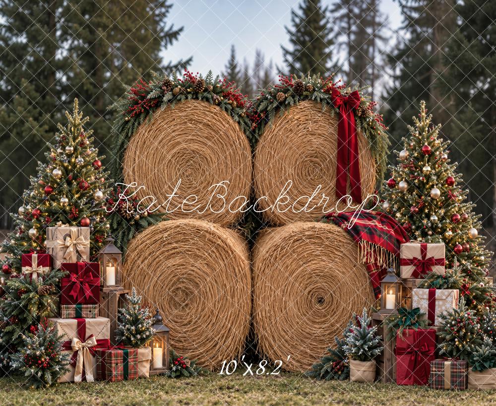 Kate Christmas Hay Bale Christmas Trees Red Bow Woodland Printed Backdrop Designed by Emetselch