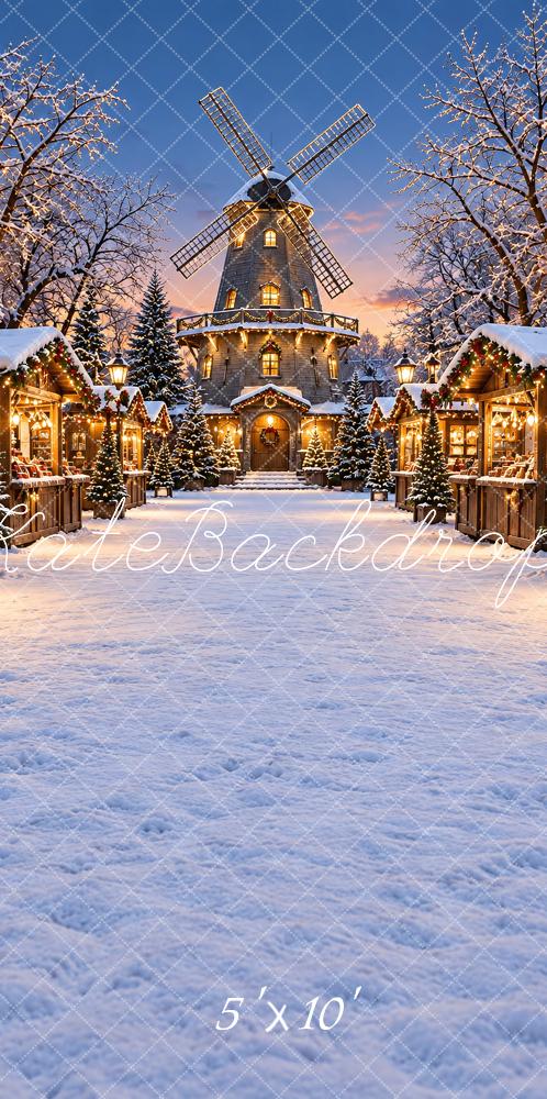 Kate Sweep Christmas Snowy Blue Windmill Market Village Printed Backdrop Designed by Vertigo Productions