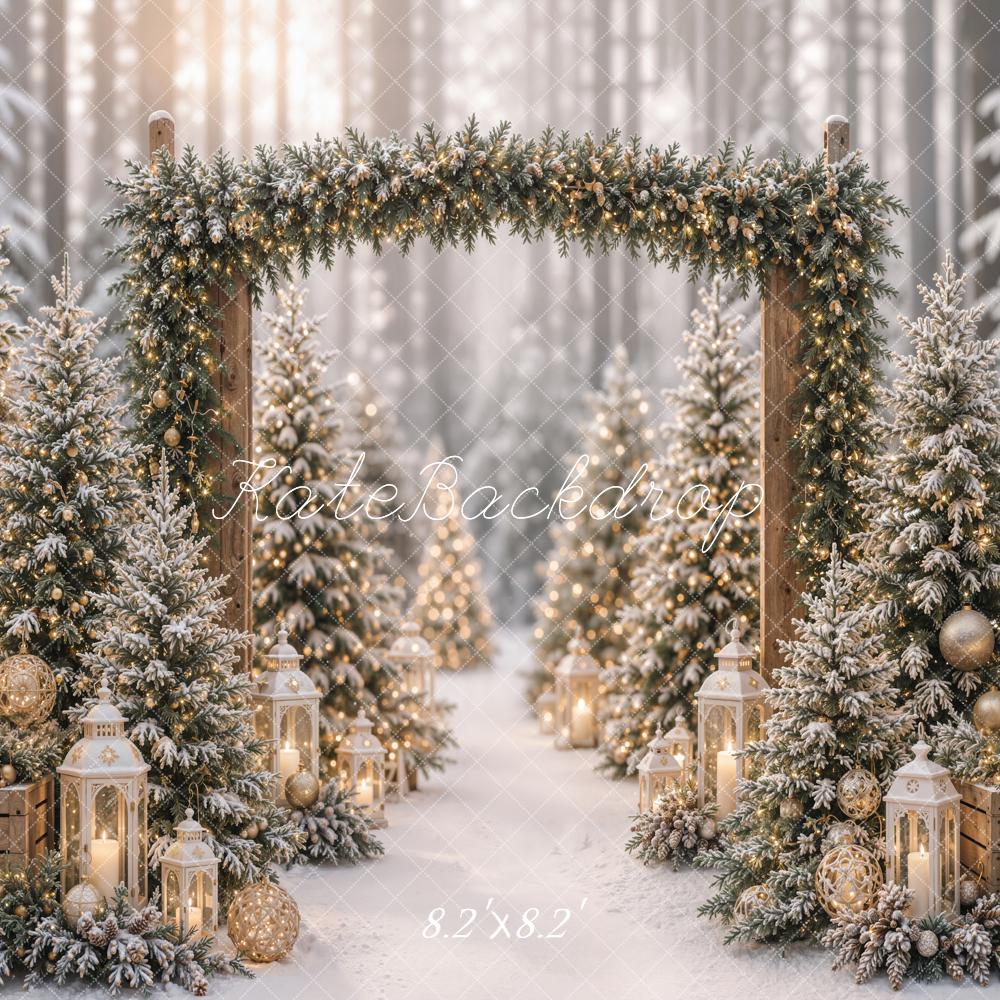 Kate Christmas Pine Arch Snowy Forest Lanterns Printed Backdrop Designed by Emetselch