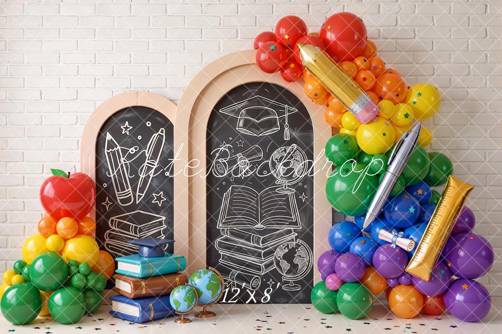Kate Back to School Chalkboard Arch Books Balloons Globes Printed Backdrop Designed by Emetselch