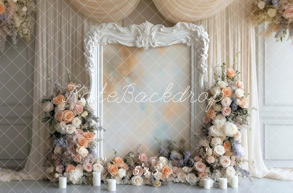 Kate Spring Flower Arch White Ornate Frame Cream Roses Candles Backdrop Designed by Mini MakeBelieve