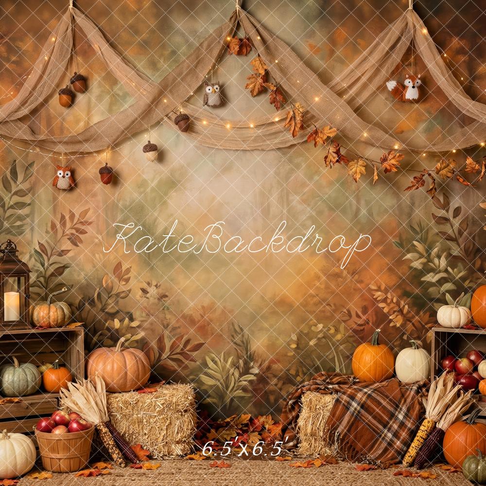 Kate Fall Woodland Harvest Pumpkins Hay Bales Owls Printed Backdrop Designed by Patty Roberts