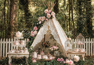 Kate Boho Teapot Party Floral Forest Printed Backdrop Designed by Ashley Paul
