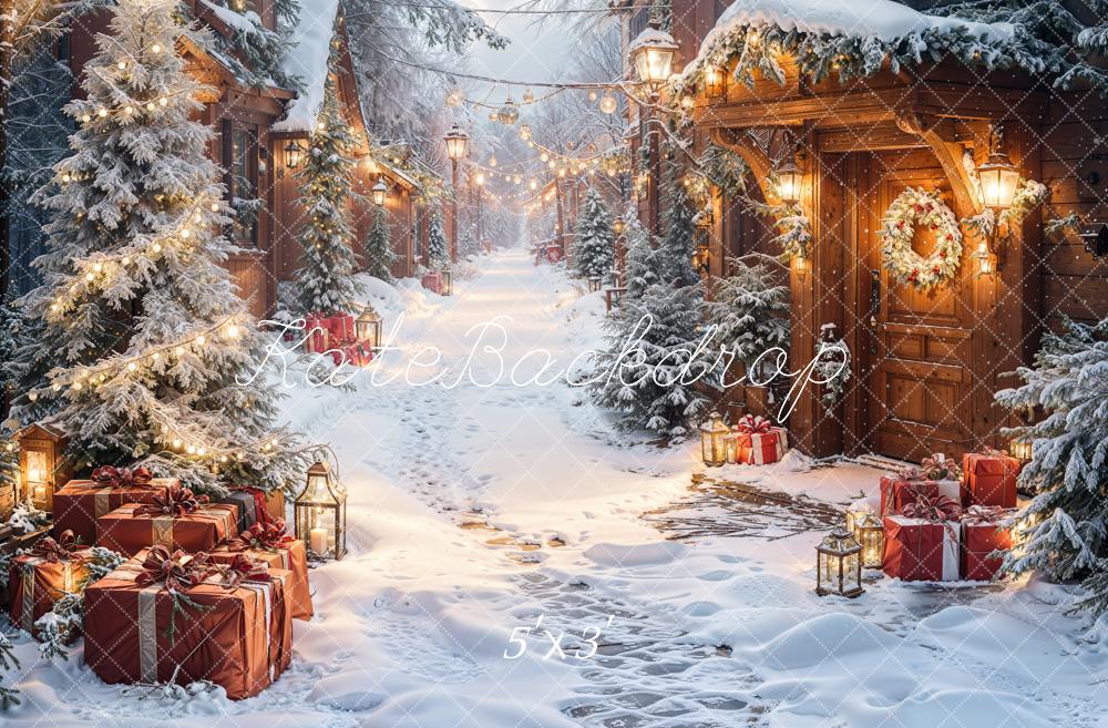 Kate Christmas Snowy Village Pine Trees Gifts Lanterns Backdrop Designed by Emetselch