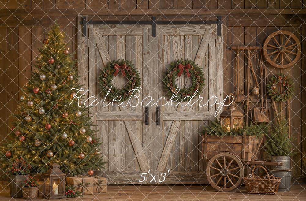 Kate Christmas Rustic Barn Door Christmas Tree Wagon Wheel Printed Backdrop Designed by Emetselch