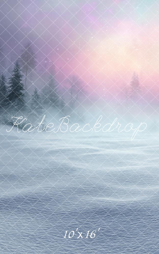 Kate Sweep Winter Snowy Forest Aurora Pastel Sky Printed Backdrop Designed by Angela Miller