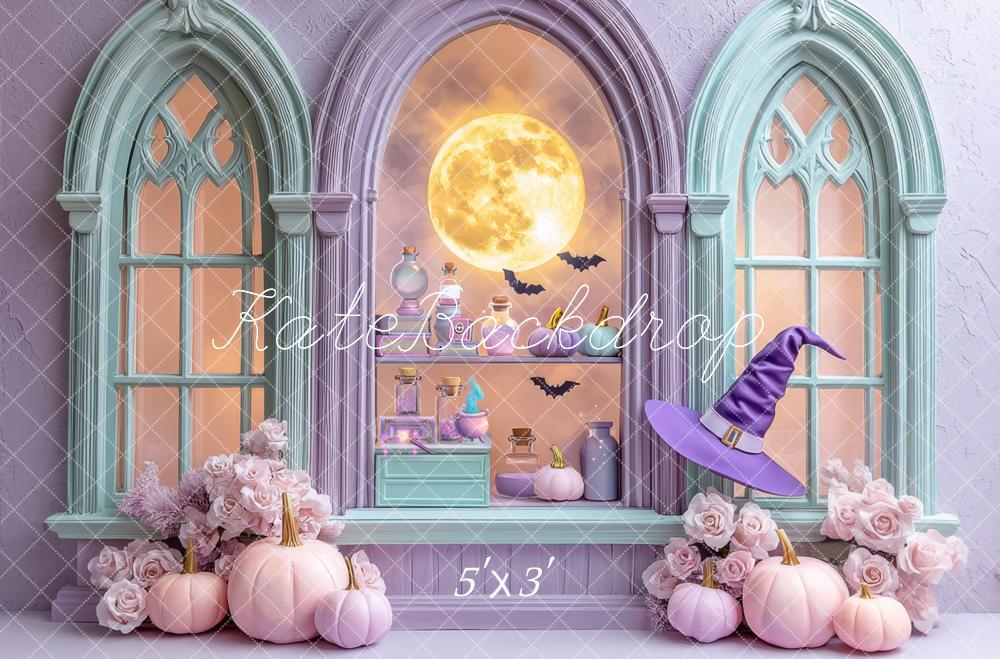 Kate Halloween Pastel Gothic Windows Full Moon Pumpkins Witch Hat Backdrop Designed by Mini MakeBelieve