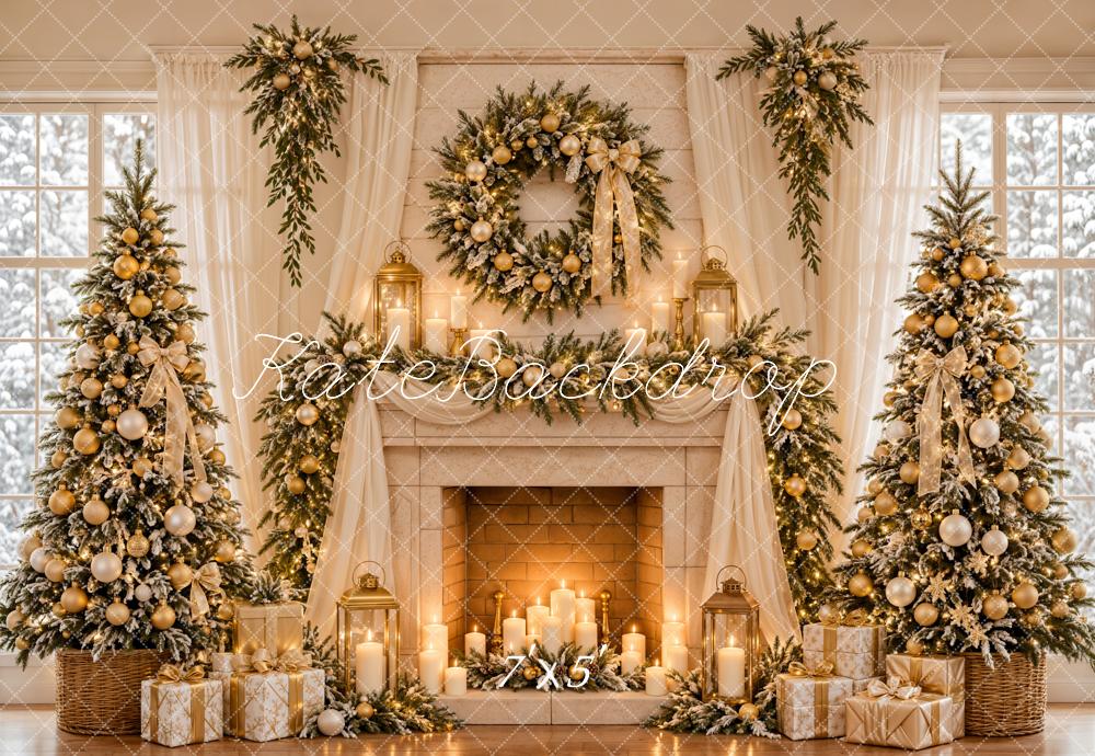 Kate Christmas Fireplace  Christmas Trees Wreath Gold Ornaments Window Printed Backdrop Designed by Emetselch
