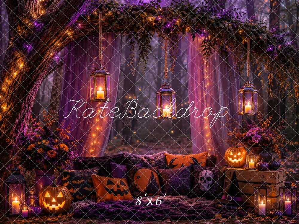 Kate Halloween Night Branch Arch Purple Drapes Pillows Lanterns Pumpkin Printed Backdrop Designed by Emetselch