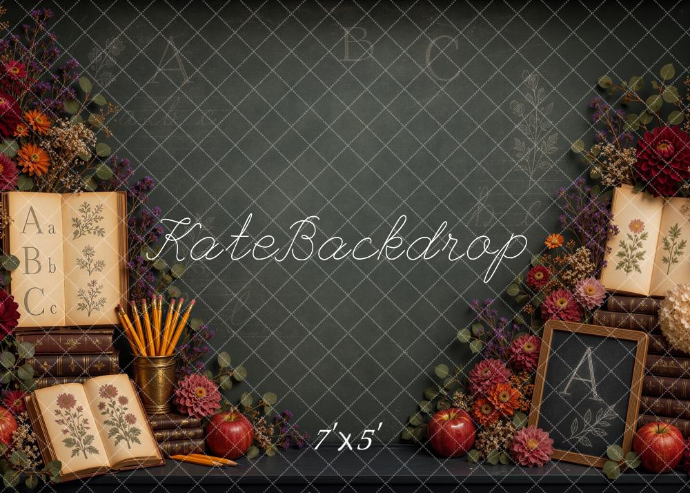 Kate Back to School Chalkboard Books Flowers Apples Printed Backdrop Designed by Ashley Ward
