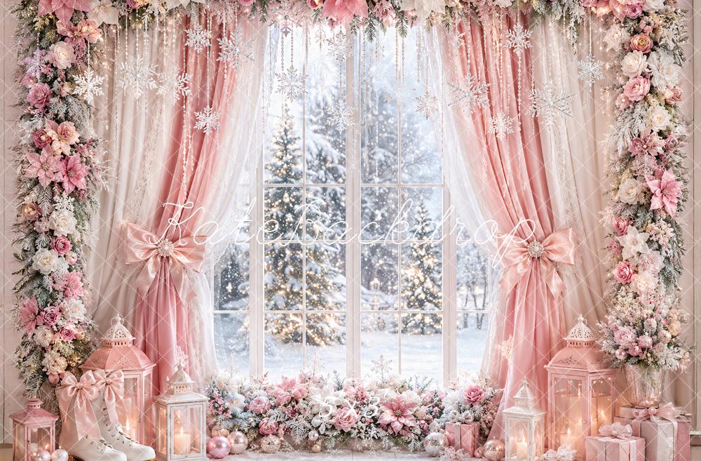 Kate Christmas Pink Curtains Flower Arch Window Snowy Printed Backdrop Designed by Ashley Paul