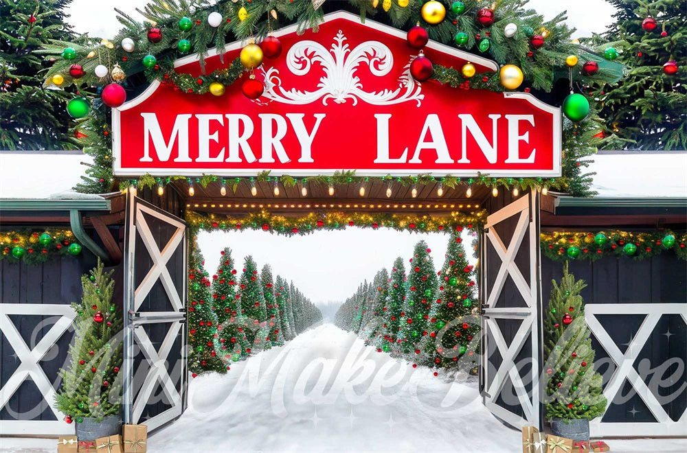 Kate Winter Christmas Red Merry Lane Sign Forest Gate Backdrop Designed by Mini MakeBelieve