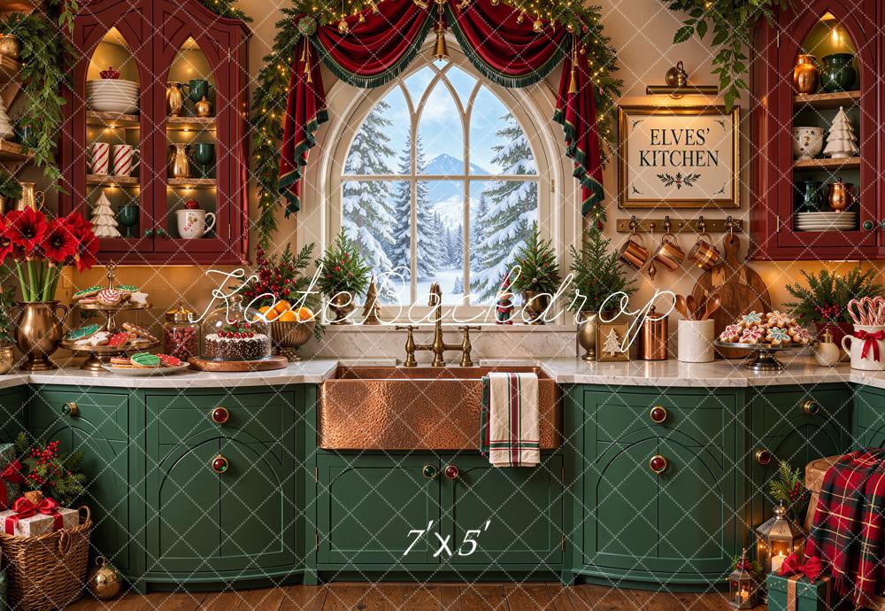 Kate Christmas Kitchen North Pole Elf Arched Window Garland Green Printed Backdrop Designed by Shutter Swan Studios