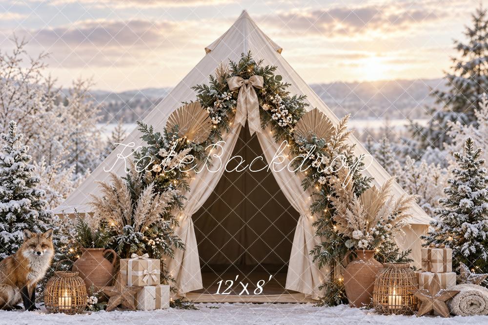 Kate Christmas Boho Tent Snowy Forest Fox Printed Backdrop Designed by Vertigo Productions
