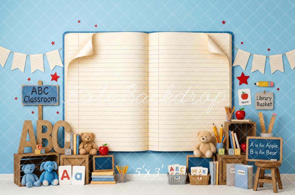Kate Back To School Blue Classroom ABC Open Book Printed Backdrop Designed by Patty Roberts