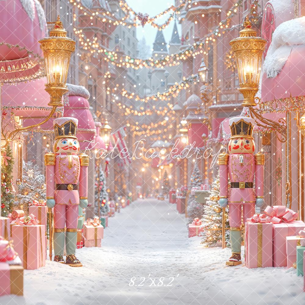 Kate Christmas Pink Nutcracker Snowy Street Shop Backdrop Designed by Emetselch