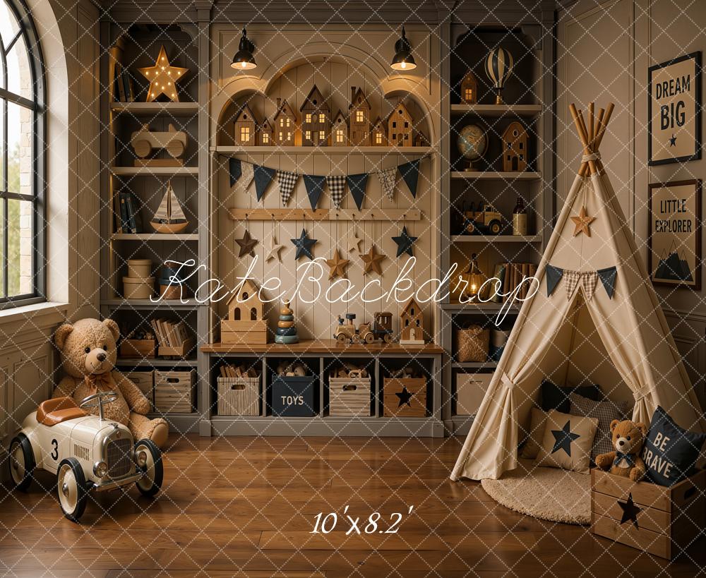 Kate Dreamy Brown Nursery Teepee Toy Room Printed Backdrop Designed by Shutter Swan Studios