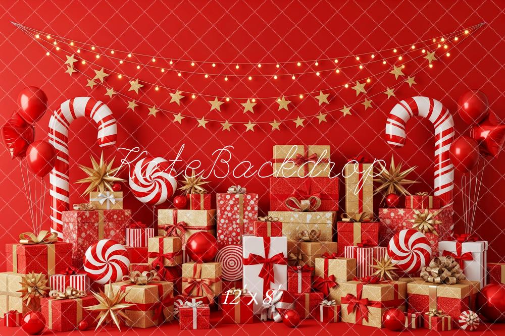 Kate Christmas Red Candy Canes Gift Boxes Stars Balloons Backdrop Designed by Patty Roberts