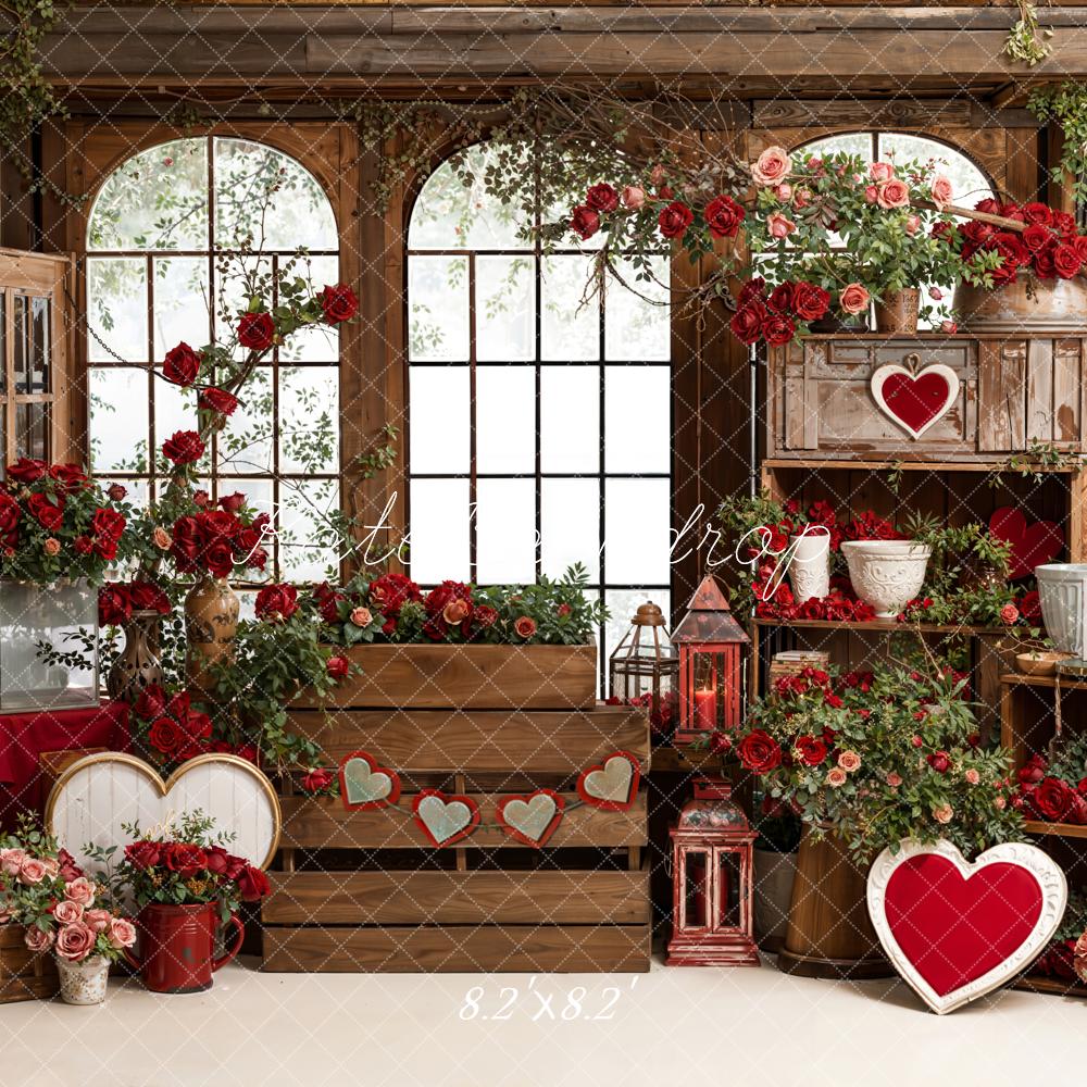 Kate Valentine's Day Red Roses Heart Wooden Window Crate Backdrop Designed by Emetselch
