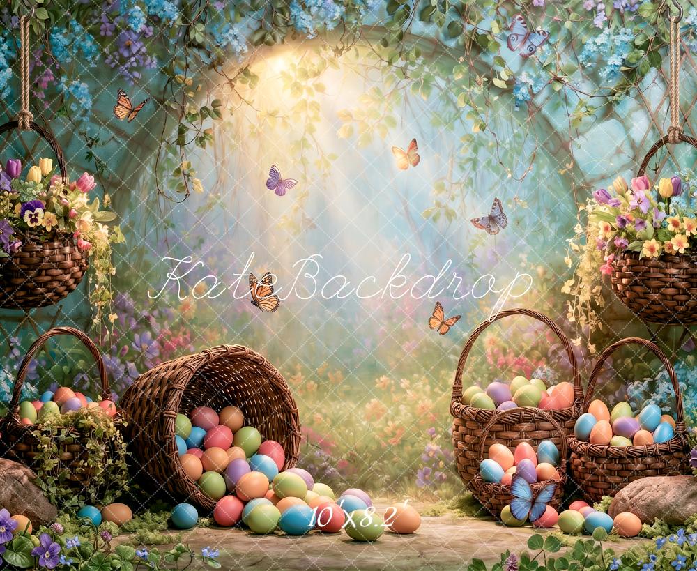Kate Easter Fairy Forest Egg Basket Butterfly Floral Arch Printed Backdrop Designed by Angela Miller
