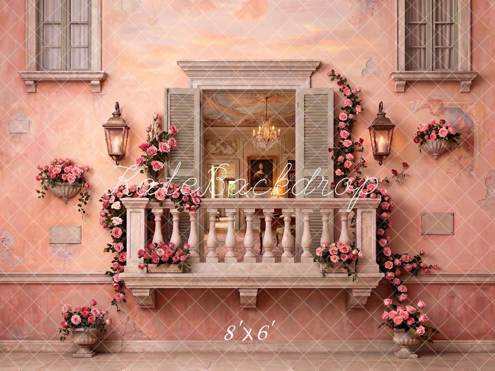 Kate Romantic Pink Balcony Roses French Villa Printed Backdrop Designed by Patty Roberts