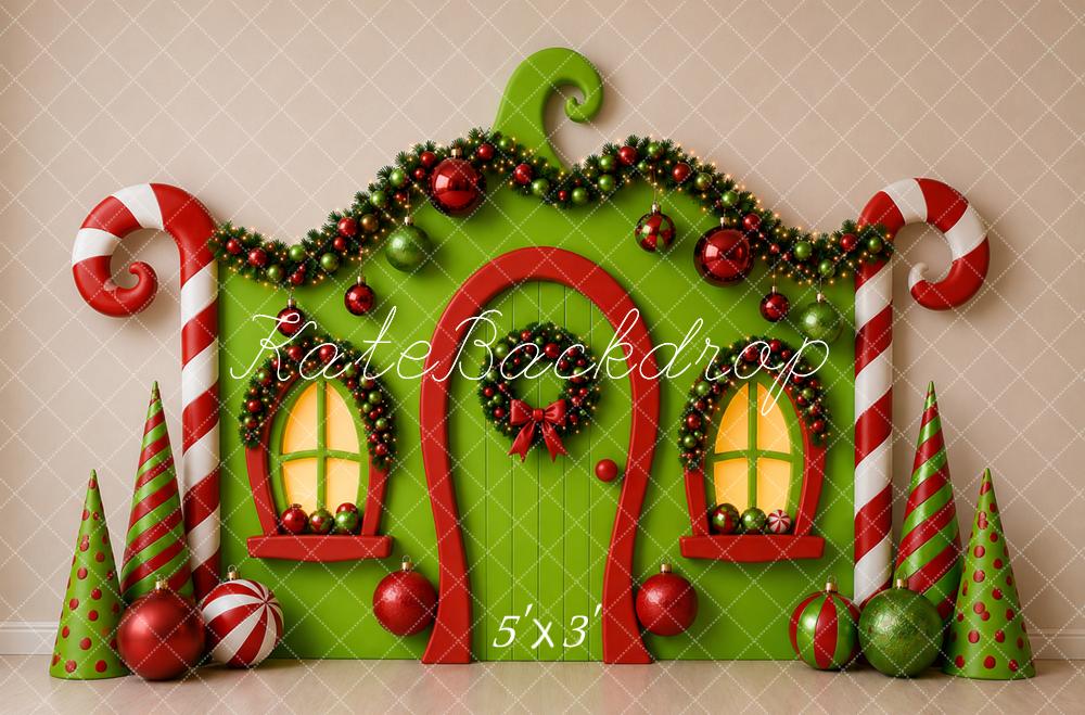 Kate Christmas Whimsical Green Elf House Candy Cane Printed Backdrop Designed by Caitlin Lynch