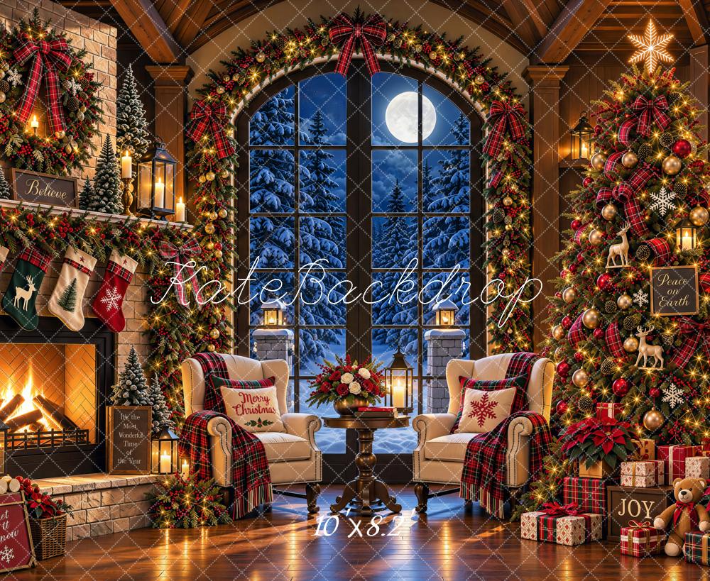 Kate Christmas Cozy Fireplace Christmas Tree Window Moonlit Printed Backdrop Designed by Shutter Swan Studios