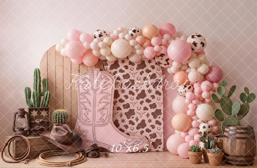 Kate Cake Smash Cowgirl Boot Cow Cactus Pink Printed Backdrop Designed by Chain Photography