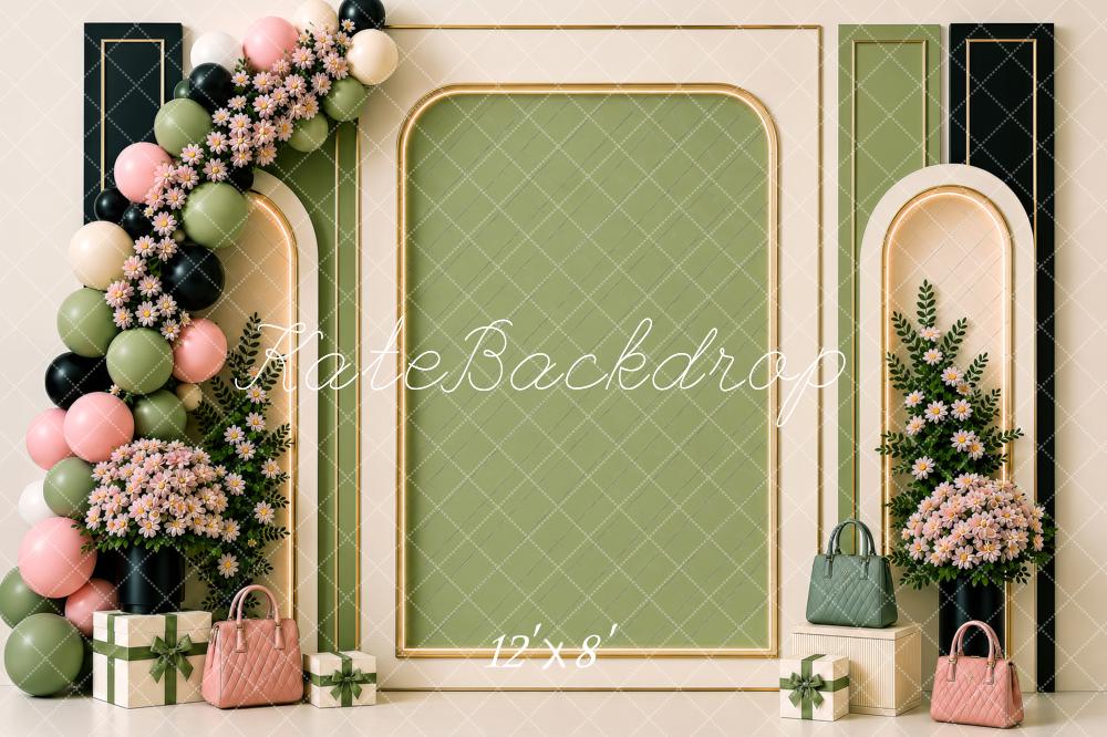 Kate  Birthday Luxury Sage Green Pink Floral Balloon Arch Gold Frame Handbag Printed Backdrop Designed by Shutter Swan Studios