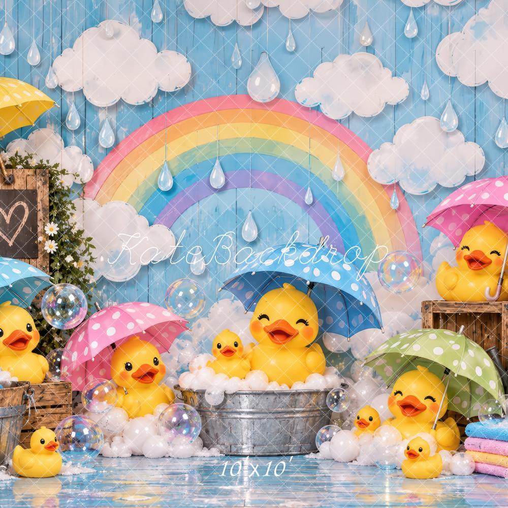 Kate Baby Shower Spring Blue Rainy Day Ducks Umbrellas Rainbow Printed Backdrop Designed by Laura Bybee