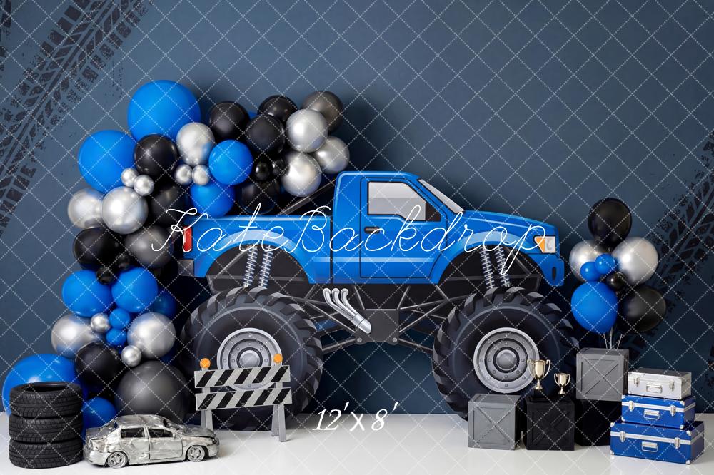 Kate Cake Smash Truck Blue Balloons Tire Tracks Printed Backdrop Designed by Patty Roberts