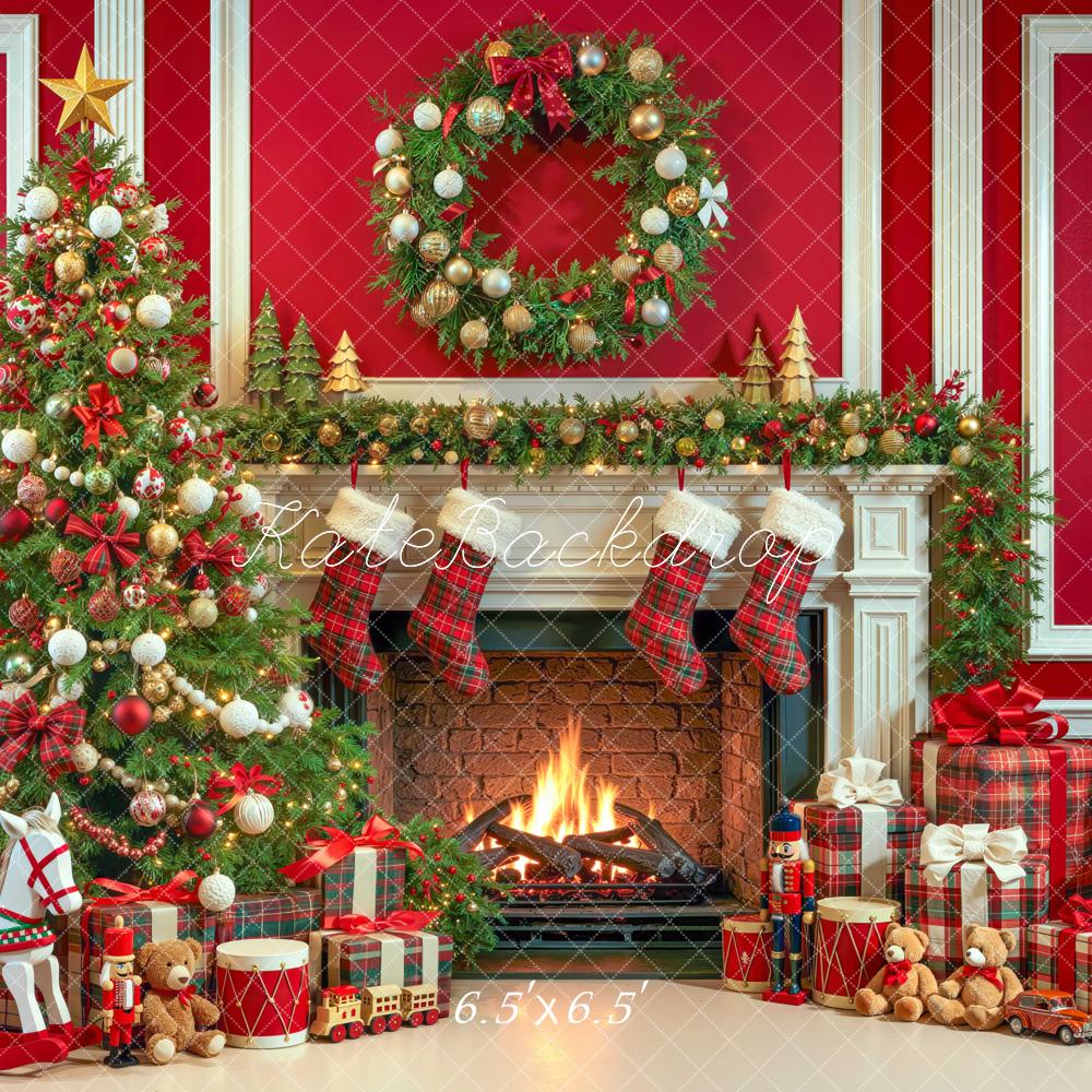 Kate Christmas Red Fireplace Christmas Tree Wreath Plaid Printed Backdrop Designed by Mini MakeBelieve