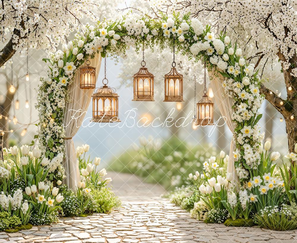 Kate Spring Flower Arch White Blossoms Lanterns Pathway Backdrop Designed by Emetselch
